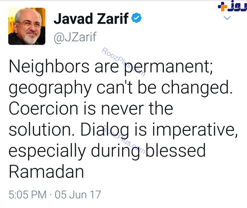 توییت ظریف در واکنش به تنش دیپلماتیک در جنوب خلیج‌فارس
