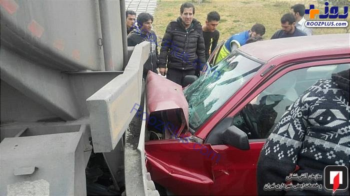 تصادف شدید پراید با تانکر در جاده خاوران تهران +عکس