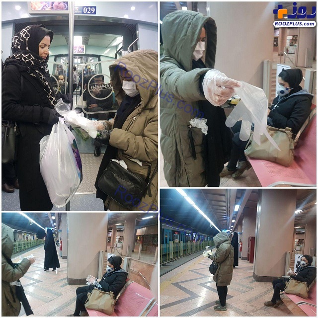 توزیع دستکش توسط یک شهروند در قطار شهری مشهد +عکس