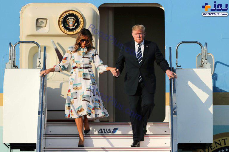 ترامپ و همسرش ملانیا هنگام ورود به فرودگاه توکیو +عکس