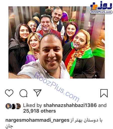نرگس محمدی، علی اوجی و جمعی از دوستانشان در آسانسور +عکس