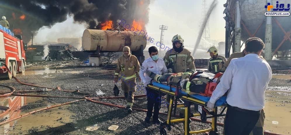 مصدومیت ۱۱ نفر در آتش سوزی پالایشگاه تهران + تصاویر