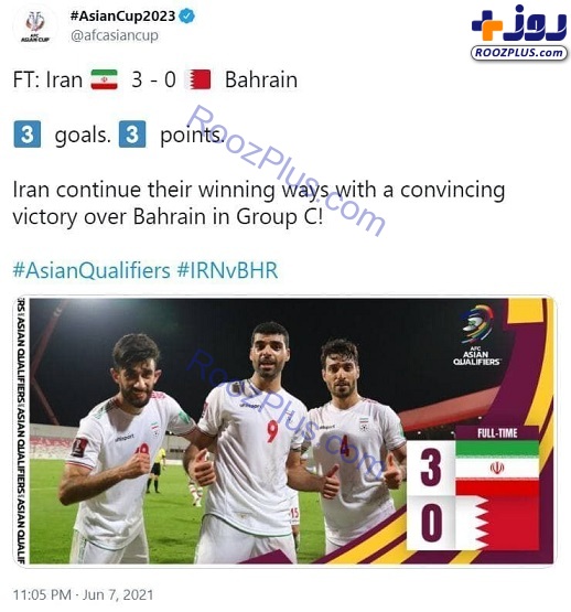 عکس/ واکنش صفحه رسمی AFC در توئیتر به پیروزی ایران مقابل بحرین