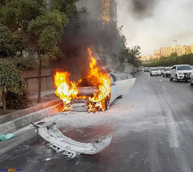 آتش گرفتن بنز در بزرگراه امام علی (ع) + عکس