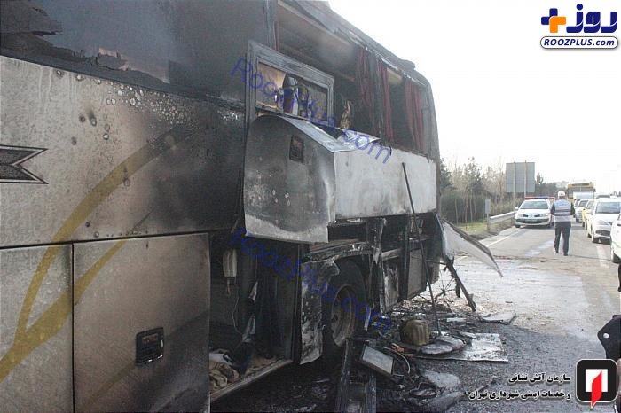 آتش‌سوزی اتوبوس بین‌شهری در بزرگراه تهران-کرج +عکس